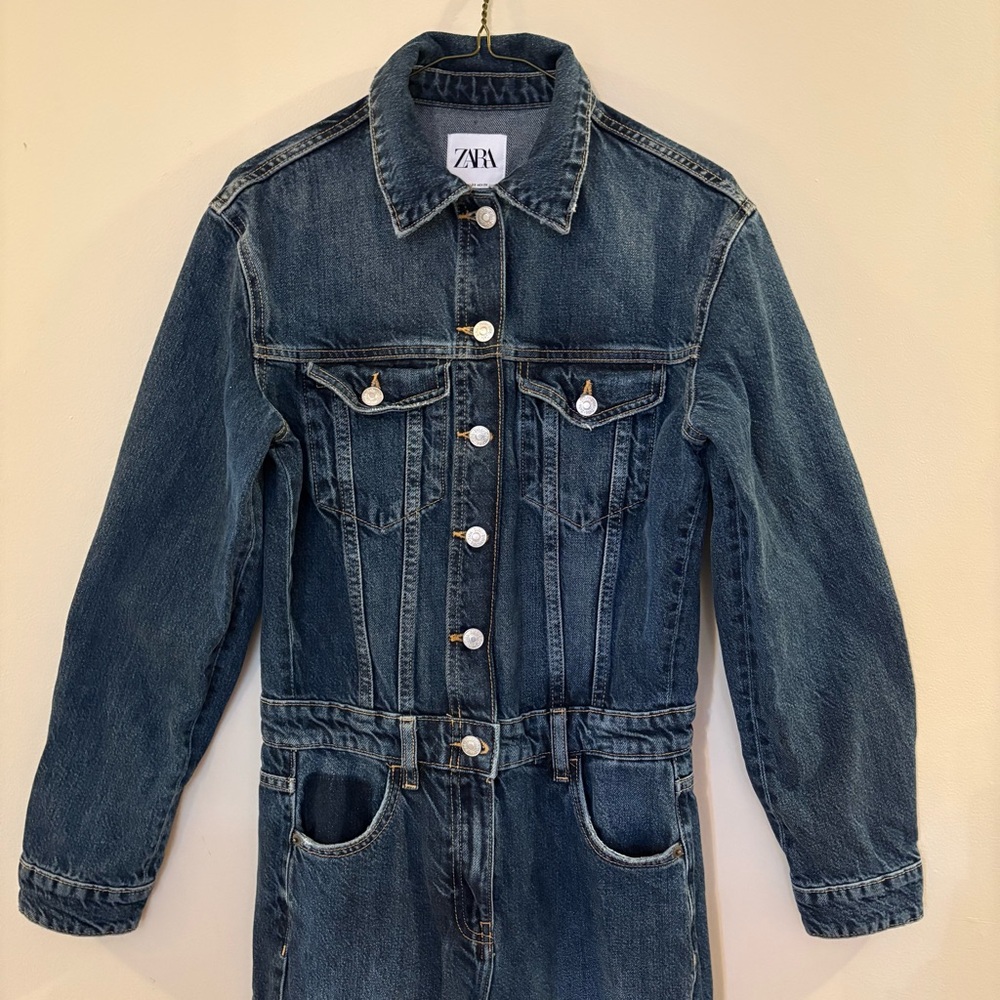 Zara Women's Dark Blue Denim long Romper Sz XS, may fit S, like new